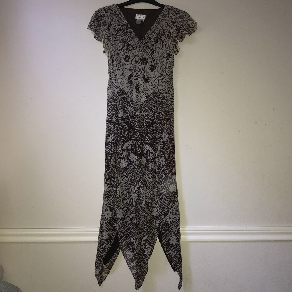 Adrianna Papell Vintage Handkerchief Hem Flutter Sleeves Print Silk Dress Size 8